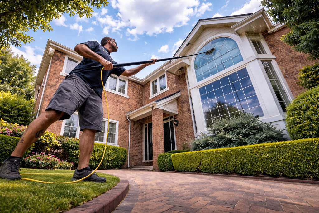 Window cleaner using a water-fed pole at a Preston house