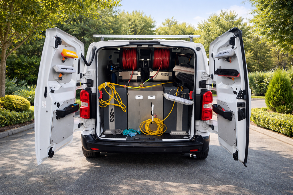 Water-fed pole and window cleaning equipment in a service van